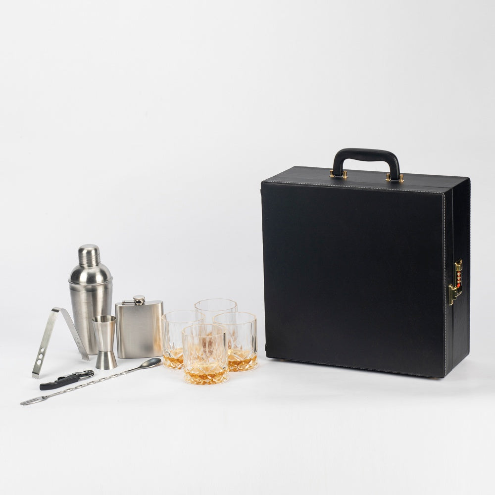 Portable Bar Tools Set - Black Leatherette - 10 Piece Set with Bottle Storage