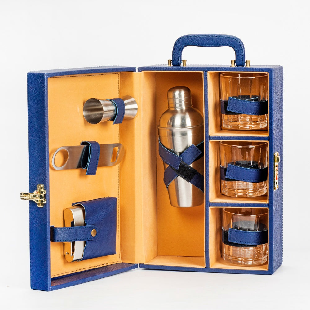 Portable Bar Tools Set - Crystal Blue Leatherette - 8 Piece Set