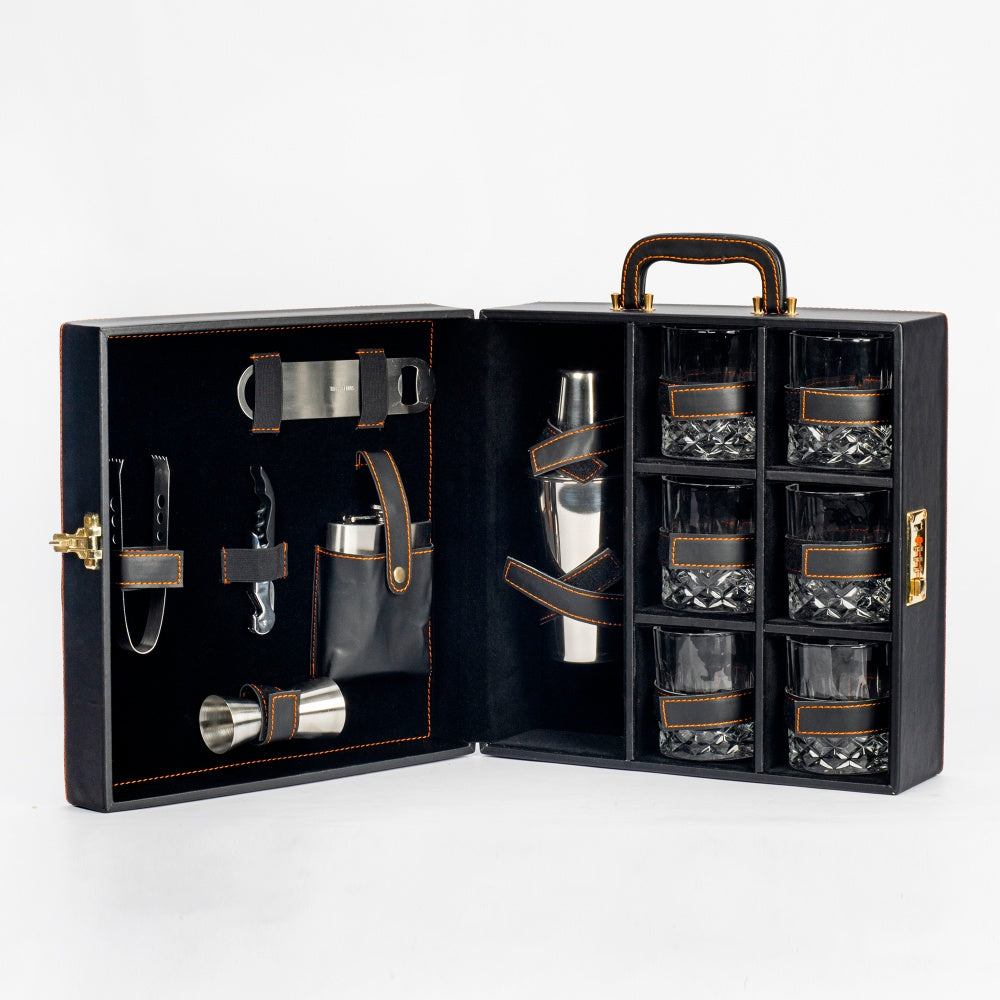 Classic Portable Bar Tools Set - Fine Black Leatherette - 12 Piece Set