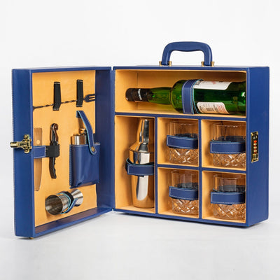 Portable Bar Tools Set - Crystal Blue Leatherette - 10 Piece Set with Bottle Storage